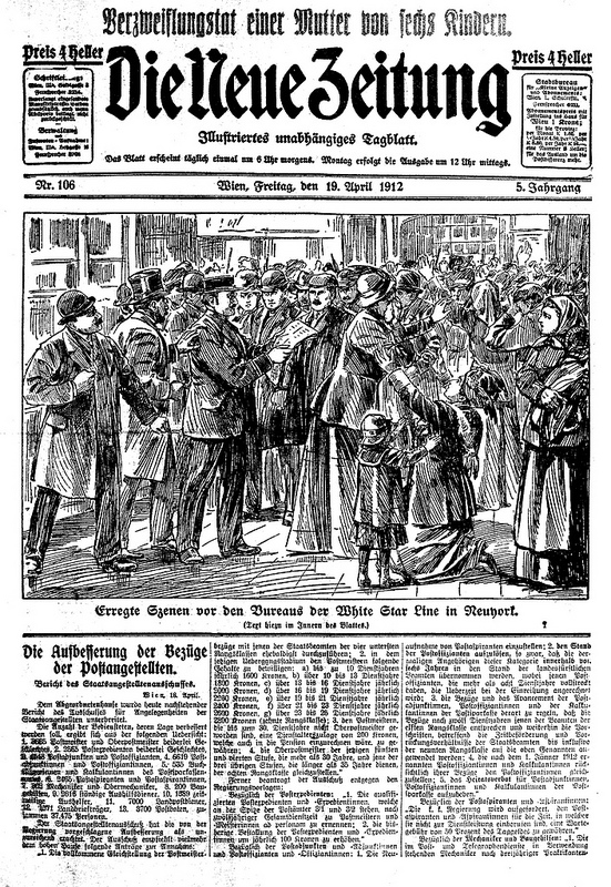 Graphic coverage of the Titanic disaster from an illustrated daily newspaper, based in Vienna, Austria. Image courtesy of the Austrian National Library.