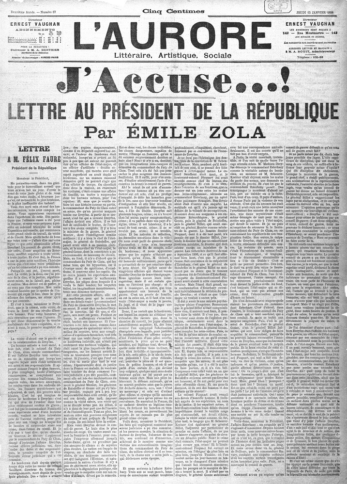 L'aurore, 13th January 1898, "J'accuse" by Emile Zola