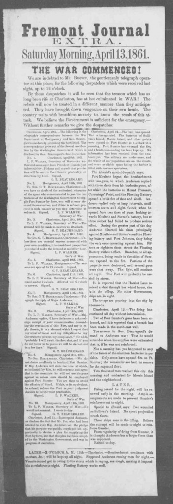 "Fort Sumter"in Pennsylvanian newspaper from April 1861 