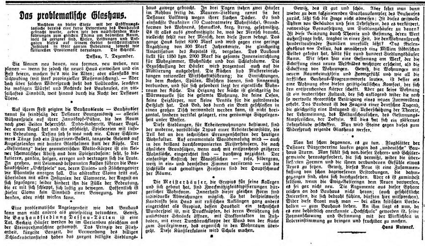 Hamburger Anzeiger, 9.12.1926, S. 1, „Das problematische Glashaus“